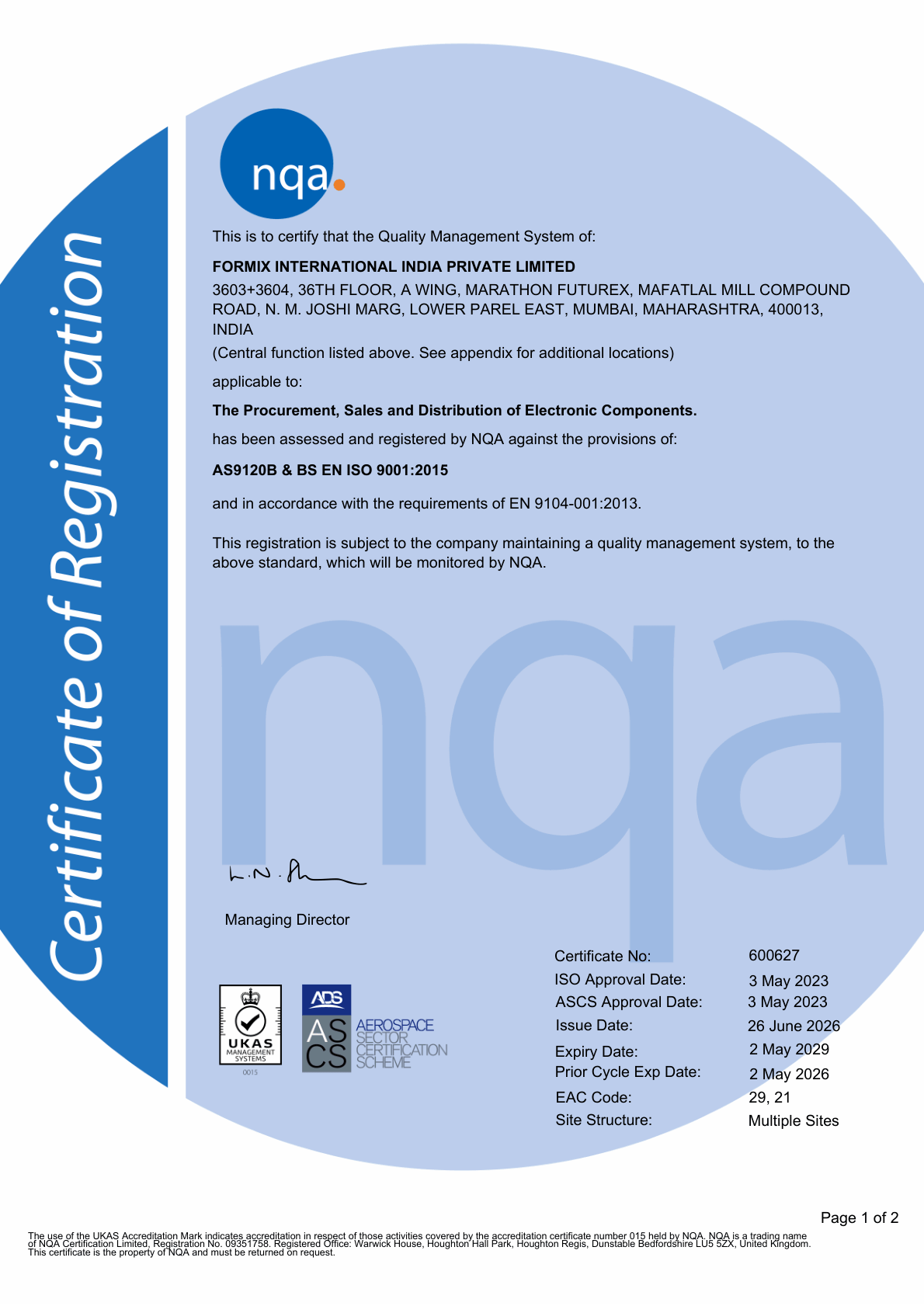 ISO 9001:2015 & AS9120B Certificate