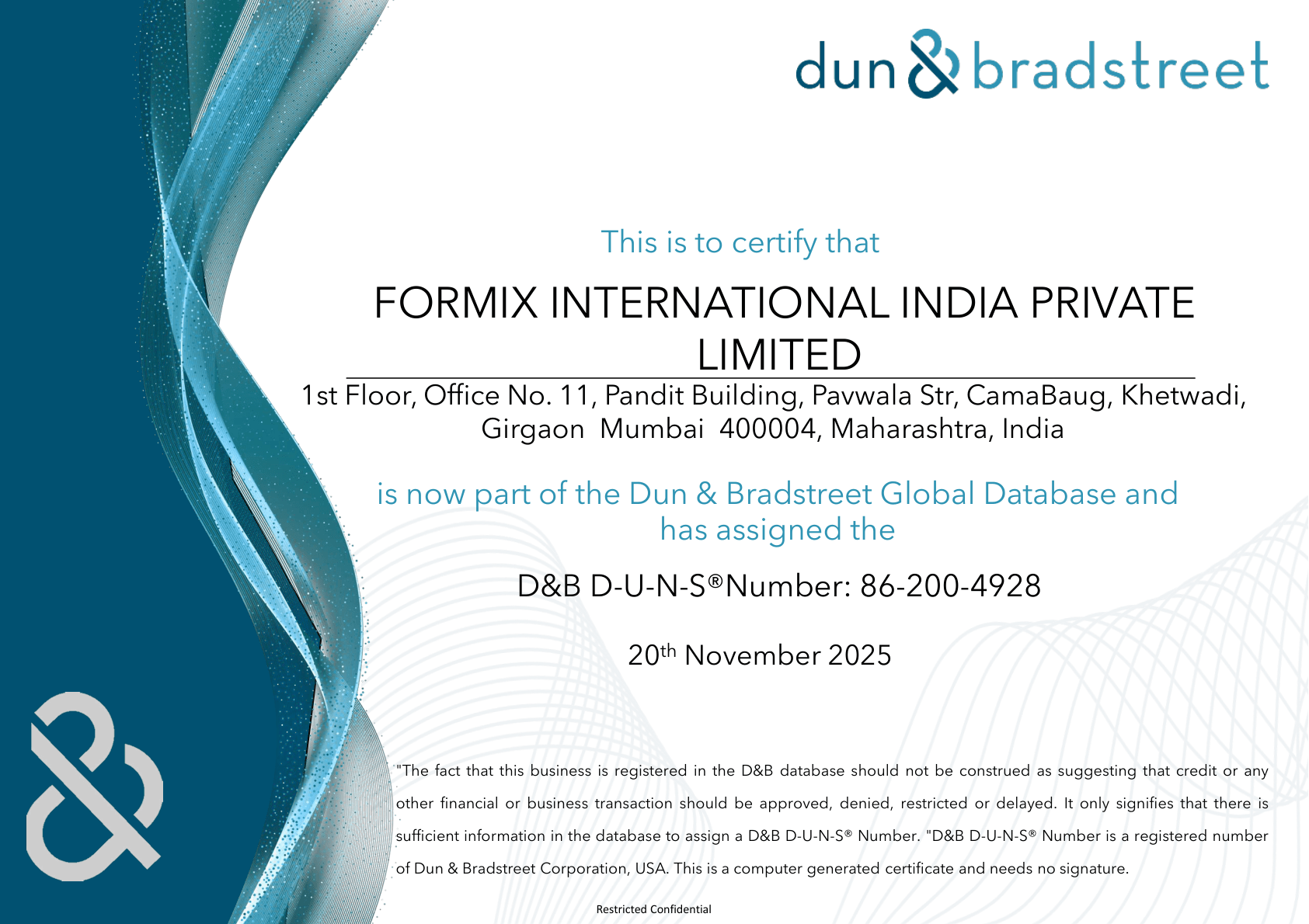 Dun & Bradstreet Certificate